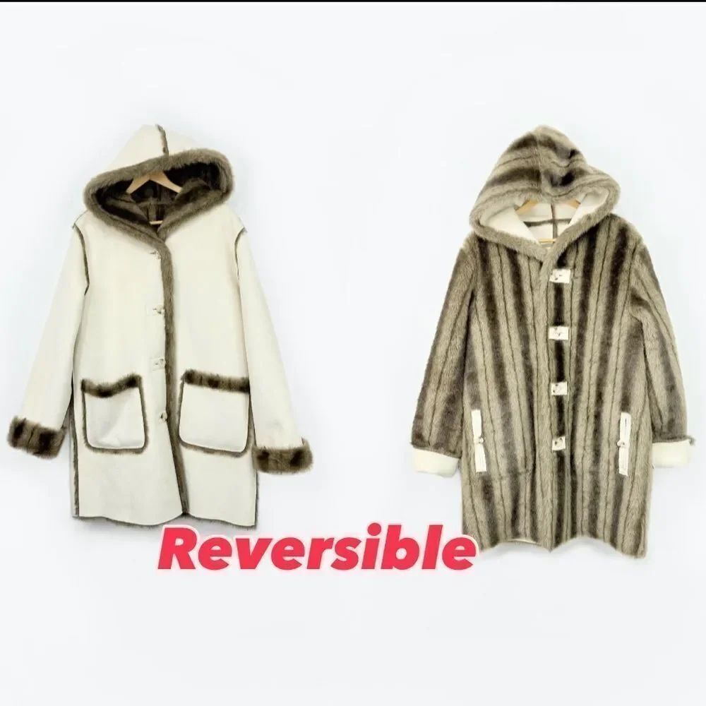 Dennis Basso Cream Faux Suede Faux Fur Reversible Button Up Hooded Coat